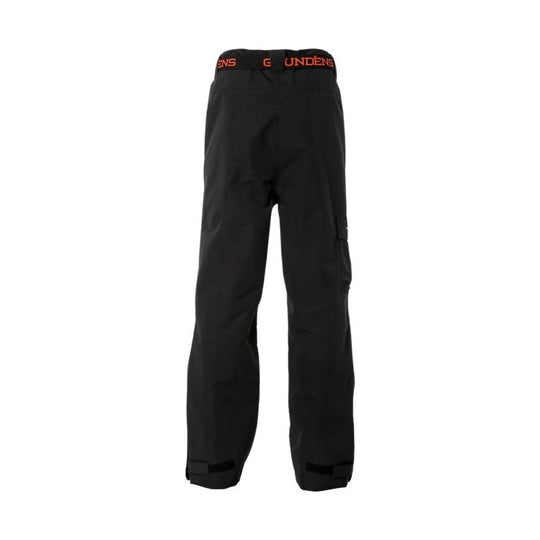 Black waterproof pants with an orange logo waistband, cargo pocket on the leg, and ankle cuffs