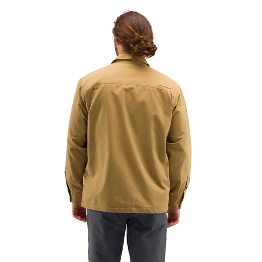 Tan long-sleeve button-up shacket shown from the back