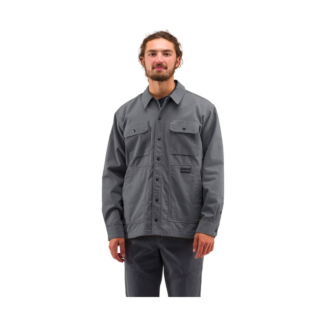 Gray button-up work jacket with chest pockets and a small logo patch