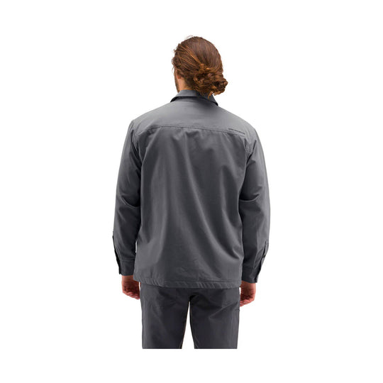 Gray long-sleeve shacket shown from the back