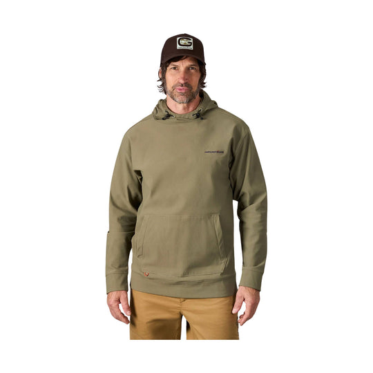 Olive hooded pullover sweatshirt with kangaroo pocket and chest logo