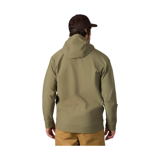 Olive hooded pullover sweatshirt shown from the back, worn with a brown cap and tan pants
