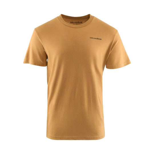 Mustard yellow short-sleeve crewneck T-shirt with small chest logo and collar print