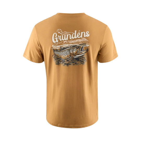 Tan short-sleeve T-shirt back with large fish graphic and 'Grundéns' text