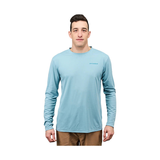 Light blue long-sleeve performance shirt with small chest logo