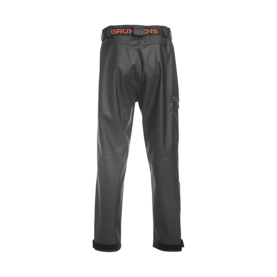 Black waterproof pants with orange waistband lettering and cargo pocket