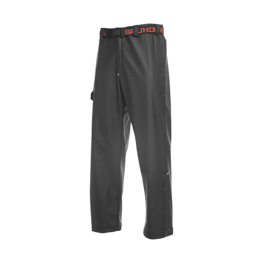 Black waterproof pants with an elastic waistband and orange logo text