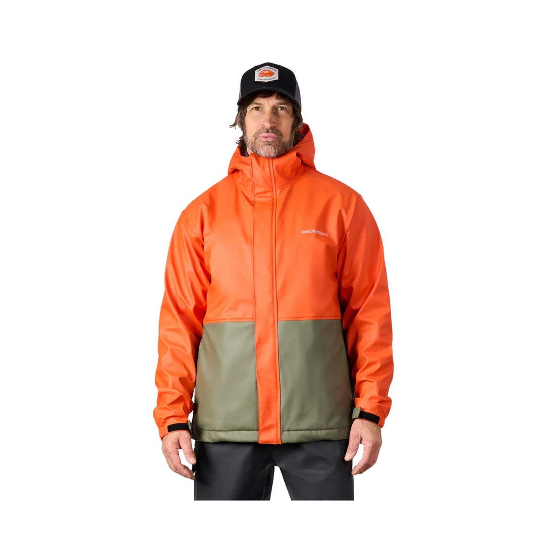 Orange and olive waterproof hooded jacket with black baseball cap