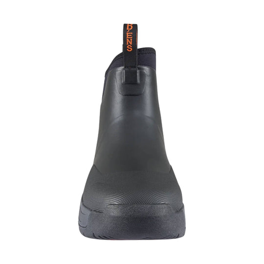 Black ankle rain boot with pull tab and textured toe cap