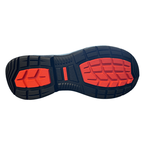 Boot outsole with black tread and bright orange traction pads
