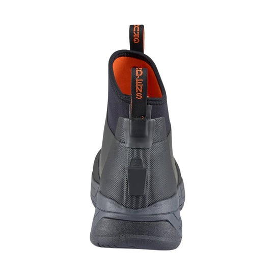 Rear view of a dark gray ankle boot with orange lining, pull tabs, and visible DENS text on the back tab