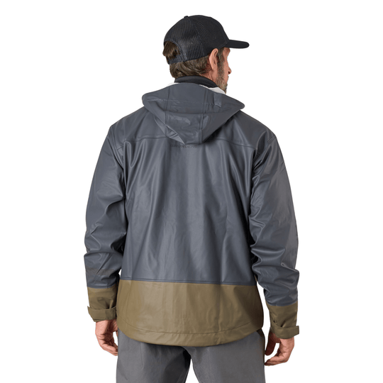 Gray waterproof hooded jacket with olive lower back panel, shown from the back