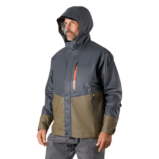 Two-tone hooded waterproof jacket in dark gray and olive with orange chest zipper