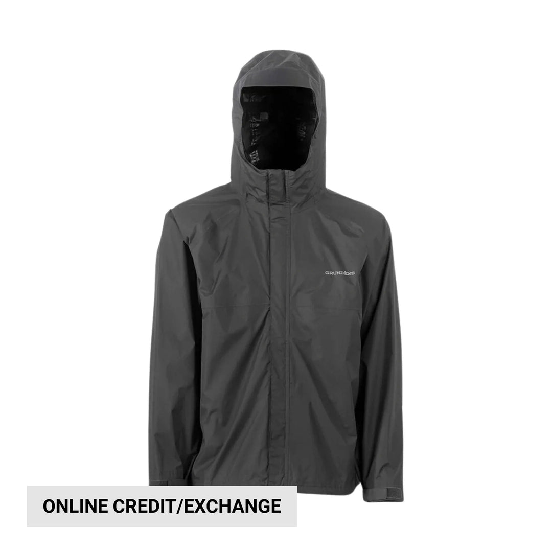 Dark gray hooded rain jacket with front zipper and small chest logo