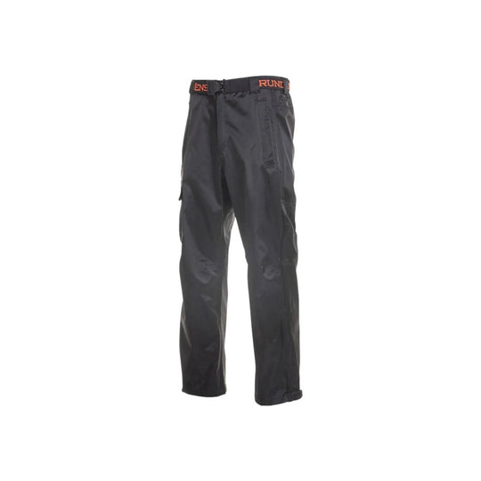Black waterproof cargo pants with an adjustable waistband and multiple side pockets