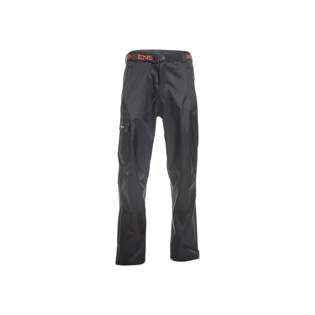 Black waterproof cargo pants with an adjustable belt and side pocket