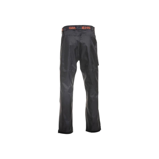 Black waterproof pants with orange waistband lettering, front view