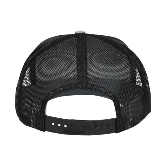 Black mesh trucker hat with adjustable snapback and curved back opening