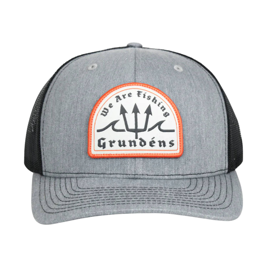 Heather gray and black trucker cap with a red-bordered patch reading “We Are Fishing” and “Grundéns”