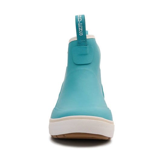 Teal ankle rain boot with a pull tab, white trim, and thick white sole, shown from the back