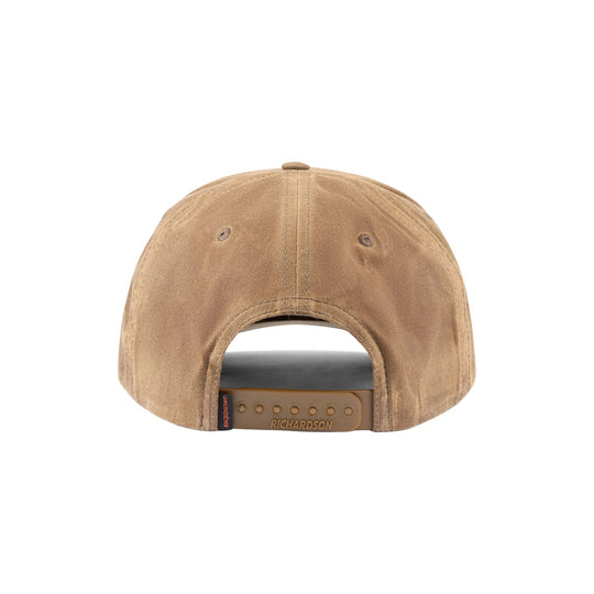Tan waxed baseball cap shown from the back with an adjustable snap closure