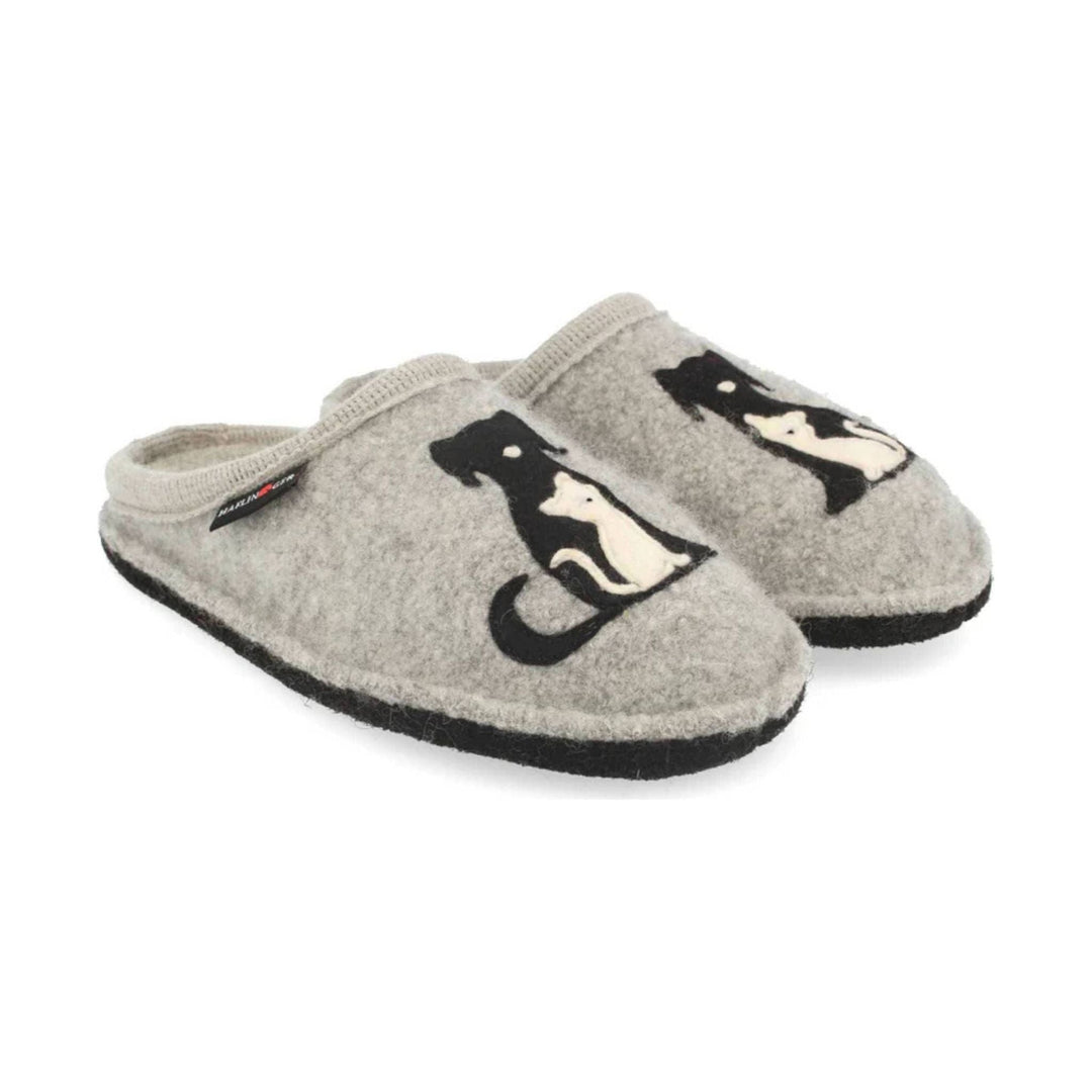 Gray felt slip-on slippers with black rubber soles and penguin graphics