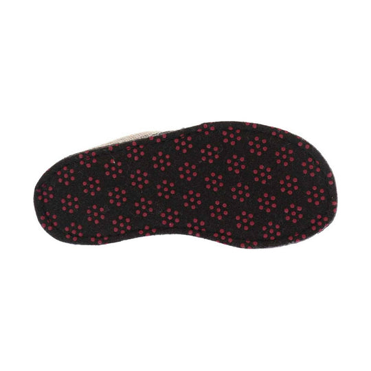 Black slipper sole with red dotted traction pattern