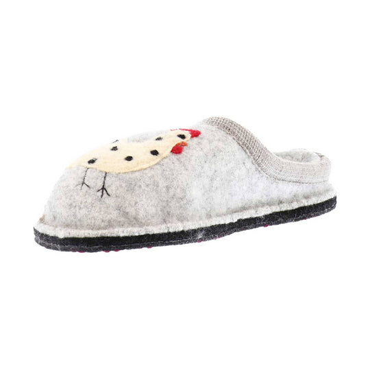 Gray felt slipper with a chicken applique and black sole