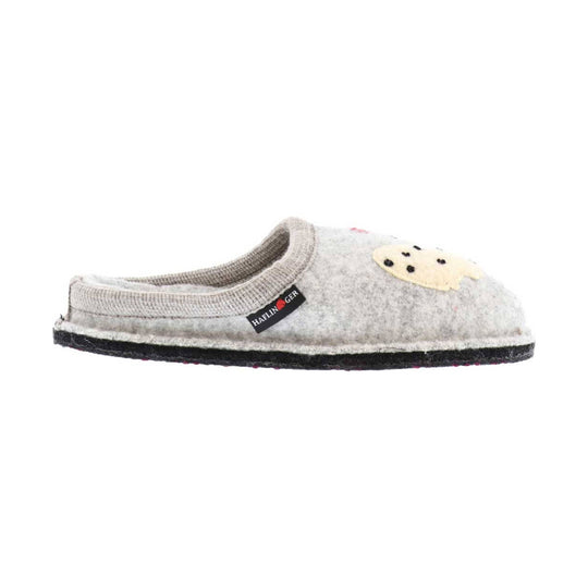 Gray felt slipper with a black sole and chicken graphic on the upper