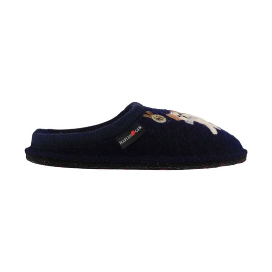 Dark navy fleece slip-on slipper with a raised collar, side brand tag, and animal embroidery on top