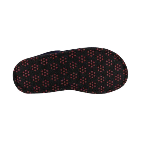 Black slipper outsole with red dotted grip pattern