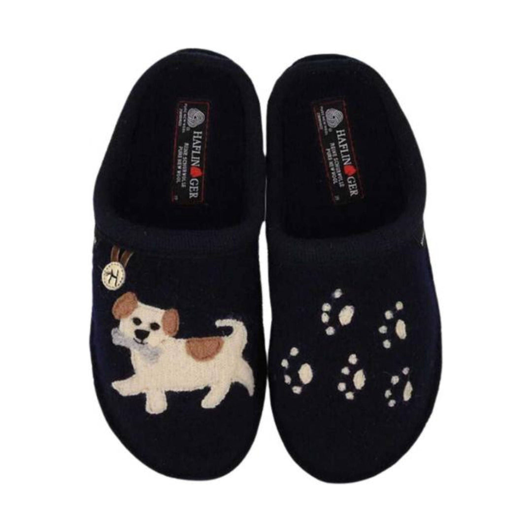 Pair of black felt slip-on slippers with a dog design and paw prints