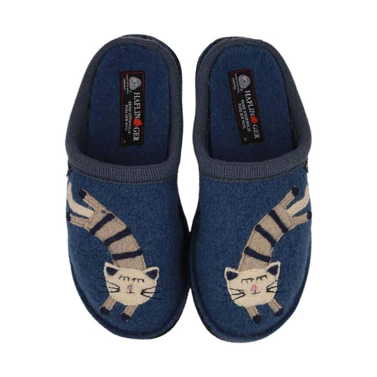 Pair of navy wool slippers with cat embroidery on the toes and a textured trim around the opening