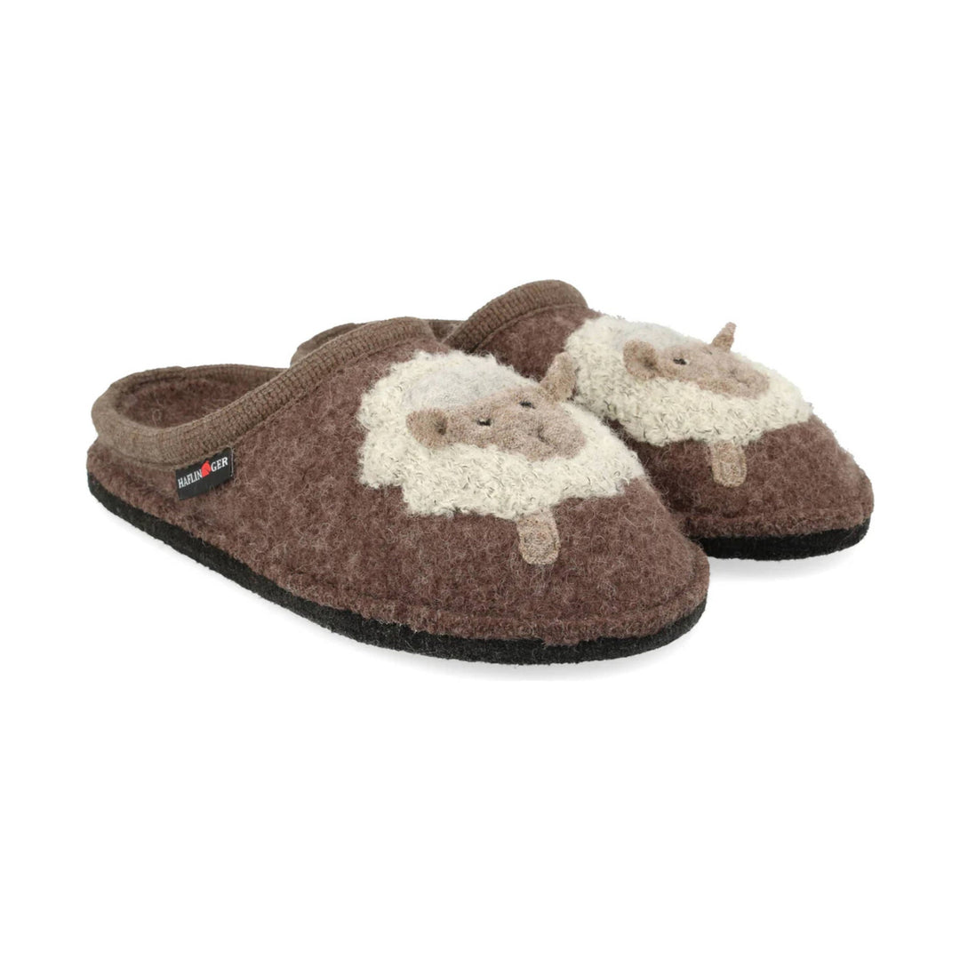 Brown felt slipper mules with sheep appliques and black soles
