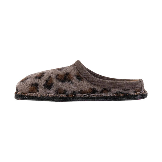 Brown leopard-print felt slip-on slipper with a stitched sole, shown in side profile
