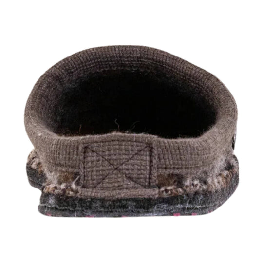 Brown knit slipper with a wide collar and dark interior, shown from the back