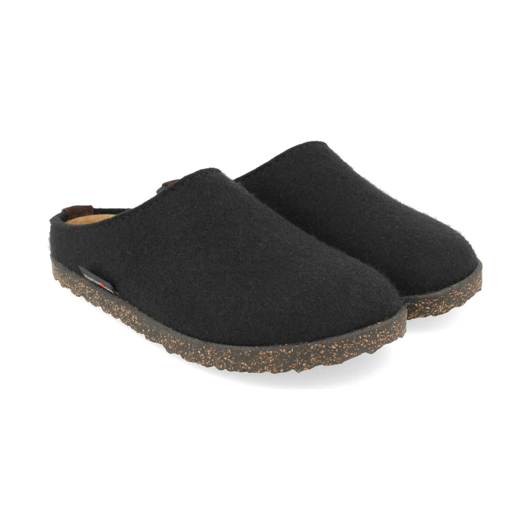 Black felt slip-on clogs with speckled cork soles