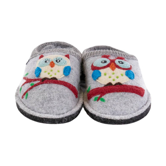 Gray felt slippers with embroidered owls on the toes