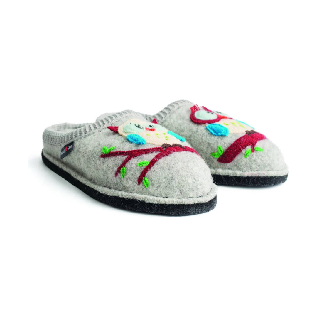 Gray felt slip-on house slippers with embroidered owl designs and black soles.