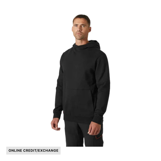 Black hooded pullover sweatshirt with a kangaroo pocket, shown on a model