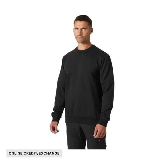 Black long-sleeve crewneck sweatshirt shown on a male model, with an "ONLINE CREDIT/EXCHANGE" label