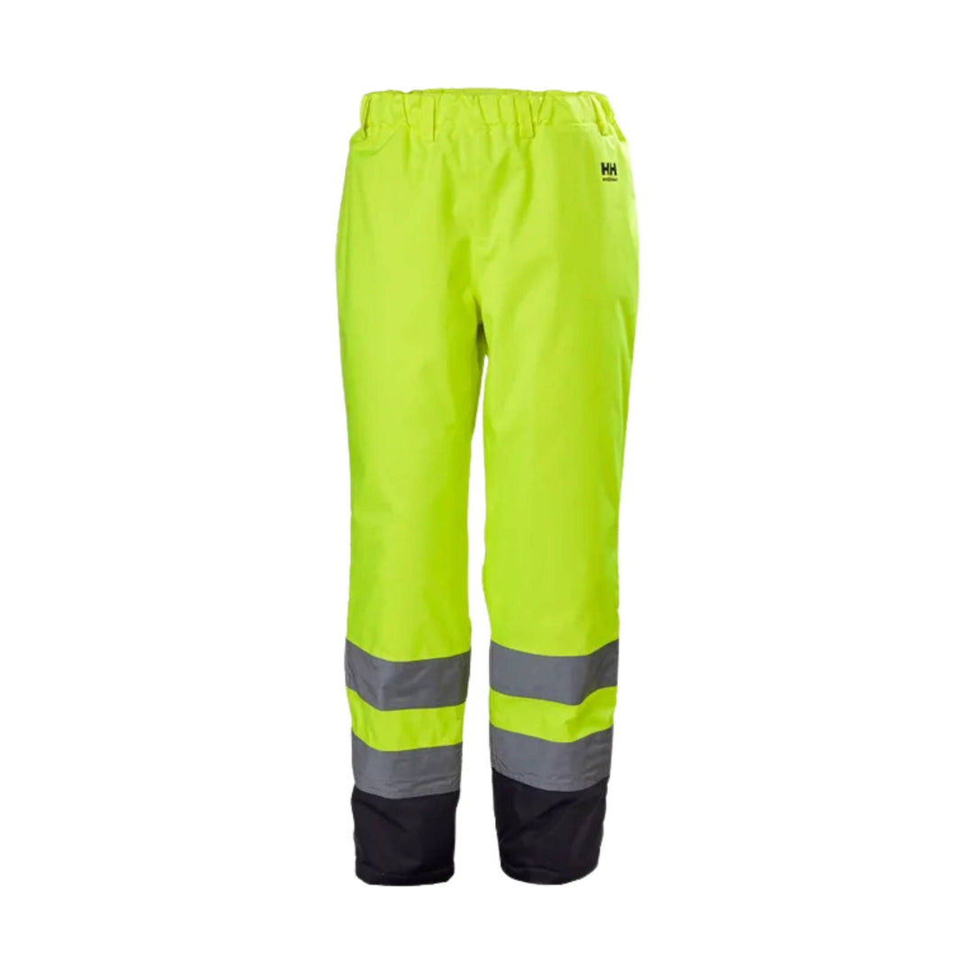 Hi-vis yellow insulated pants with gray reflective bands and black lower legs