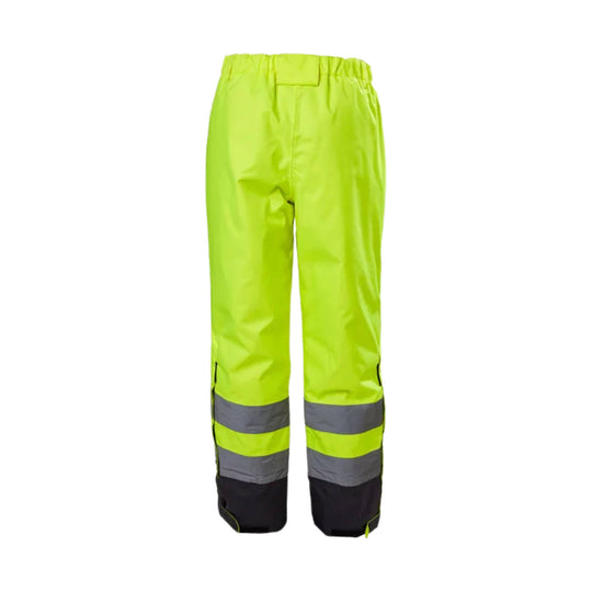 High-visibility insulated winter pants in neon yellow with gray reflective bands and black lower legs