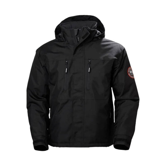 Black hooded insulated jacket with two chest zipper pockets and a sleeve logo patch
