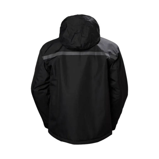 Black hooded winter jacket shown from the back with a reflective stripe across the shoulders