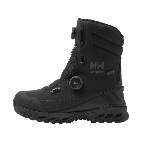 Black insulated winter work boot with BOA dial, rugged tread, and side logos