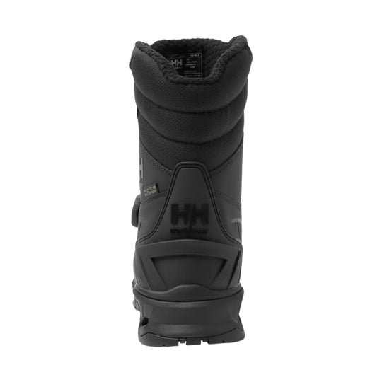 Black tall insulated winter work boot shown from the back, with padded collar and rugged tread