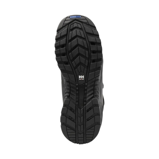 Black boot outsole with deep lug tread and HH workwear logo