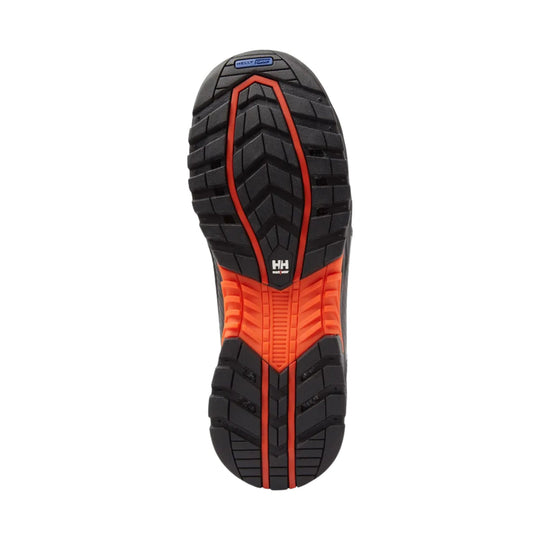 Black and orange lugged boot outsole with heel and forefoot grip zones