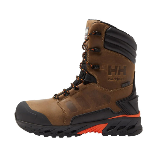 Brown and black tall winter work boot with orange accents and side branding